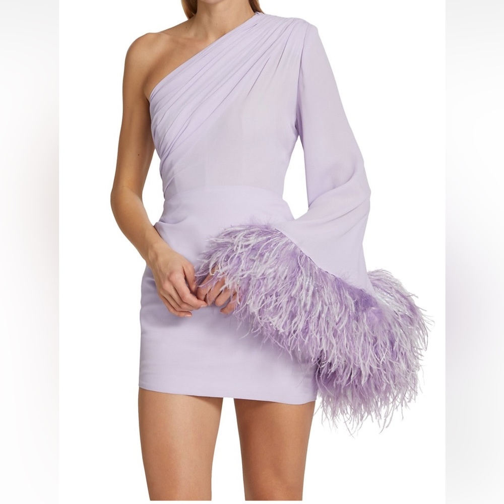 Bronx and Banco Lilac Mini Dress with One Sleeve and Ostrich Feathers